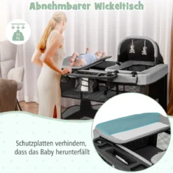 Tragbares 5-in-1-Babybett mit Reisebett & Wiege & Laufstall & Wickeltisch Schwarz + Grau