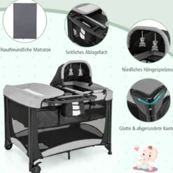 Tragbares 5-in-1-Babybett mit Reisebett & Wiege & Laufstall & Wickeltisch Schwarz + Grau