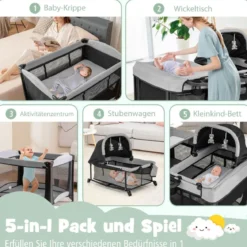 Tragbares 5-in-1-Babybett mit Reisebett & Wiege & Laufstall & Wickeltisch Schwarz + Grau
