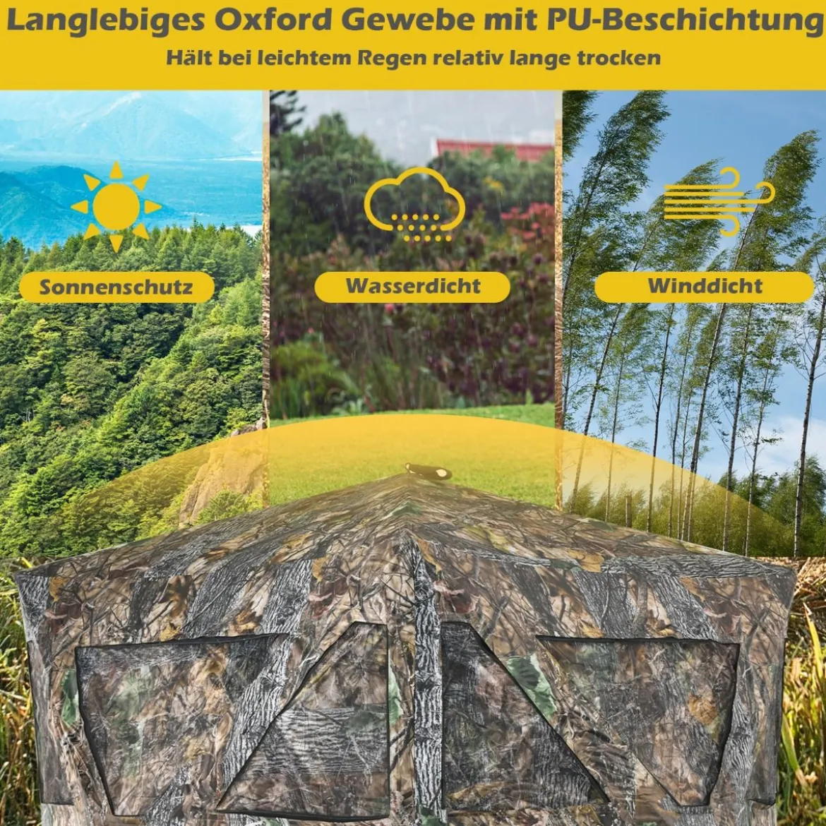 Tragbares Jagdzelt mit Erdspießen & Zurrgurten & Tragetasche für 3 Personen Camouflage