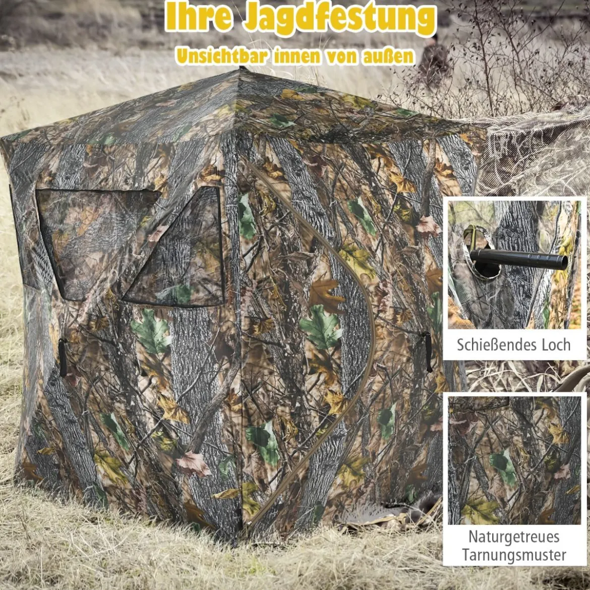 Tragbares Jagdzelt mit Erdspießen & Zurrgurten & Tragetasche für 3 Personen Camouflage