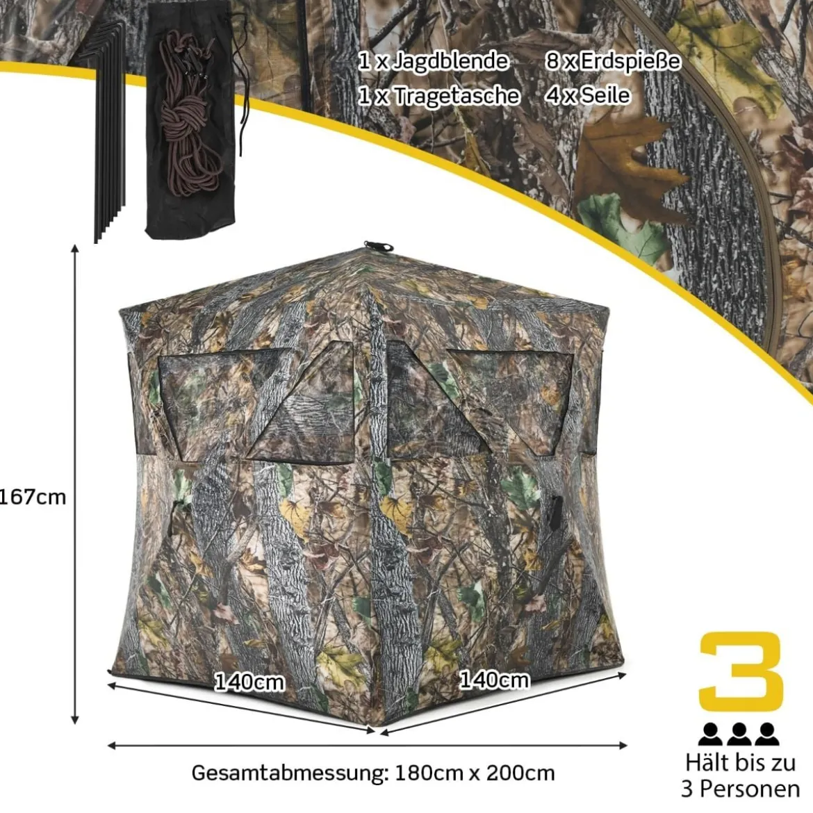 Tragbares Jagdzelt mit Erdspießen & Zurrgurten & Tragetasche für 3 Personen Camouflage