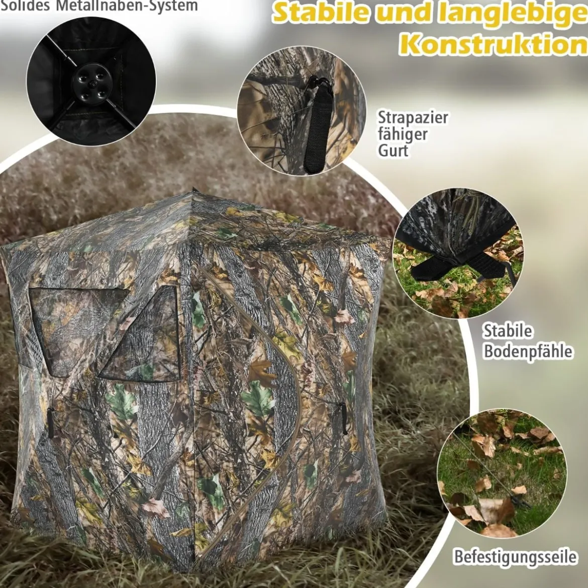 Tragbares Jagdzelt mit Erdspießen & Zurrgurten & Tragetasche für 3 Personen Camouflage
