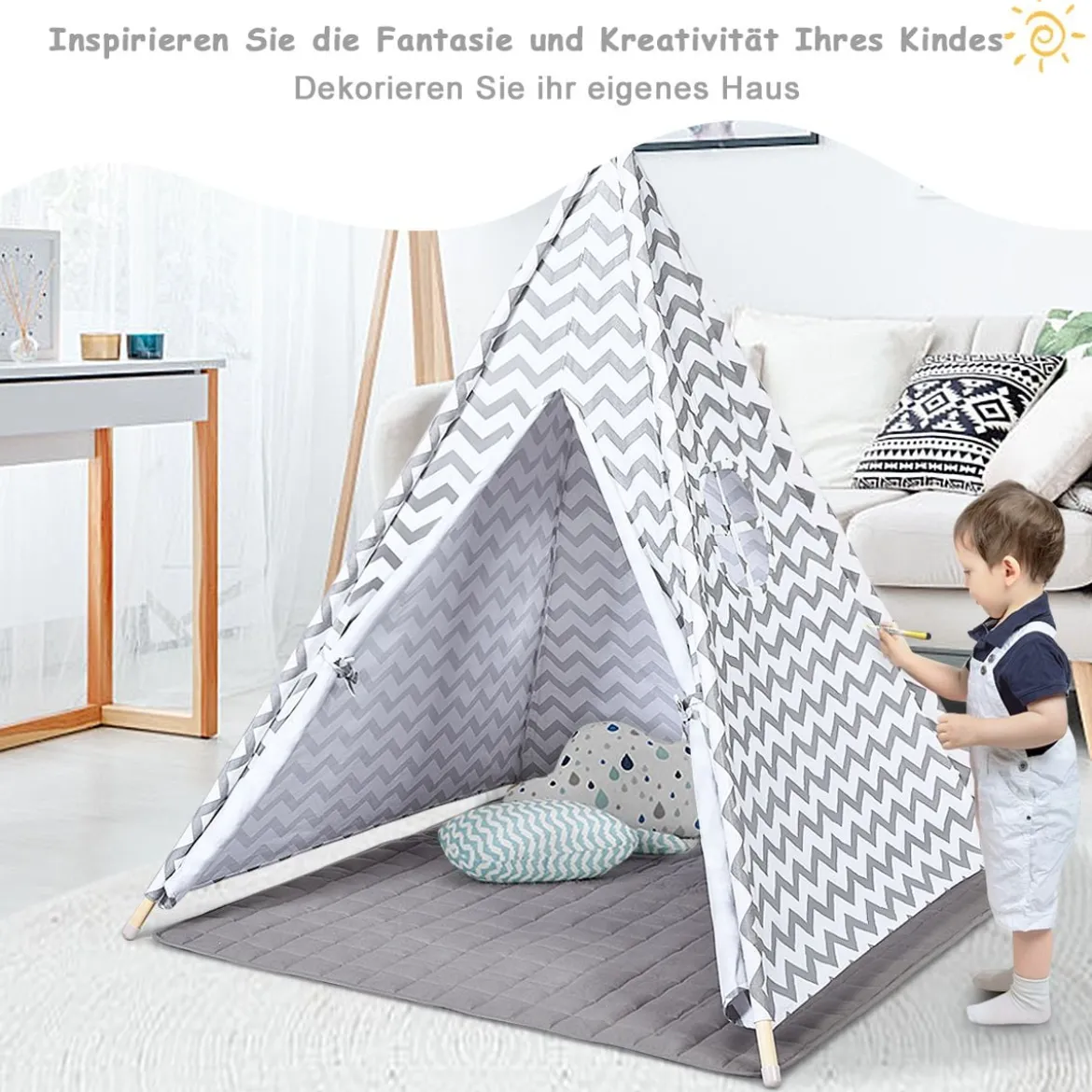 Tragbares Kinder SpielzeltIndianerzelt tragbar Stoffzelt Spielhaus für Kinder 120 x 120 x 160 cm Weiß + Grau