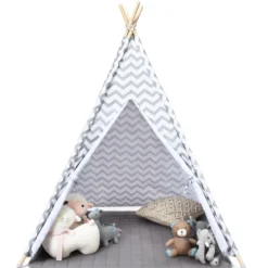 Tragbares Kinder SpielzeltIndianerzelt tragbar Stoffzelt Spielhaus für Kinder 120 x 120 x 160 cm Weiß + Grau