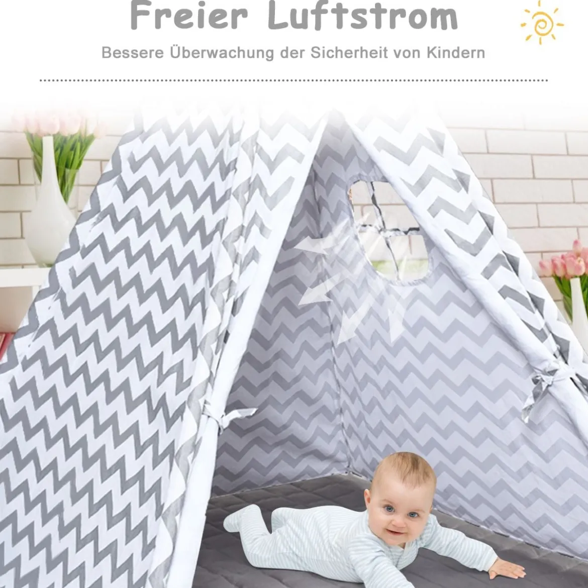 Tragbares Kinder SpielzeltIndianerzelt tragbar Stoffzelt Spielhaus für Kinder 120 x 120 x 160 cm Weiß + Grau
