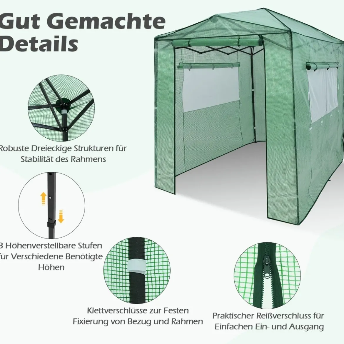 Tragbares Pop-up-Gewächshaus Begehbares Gartengewächshaus 180 x 250 x 230 cm Grün