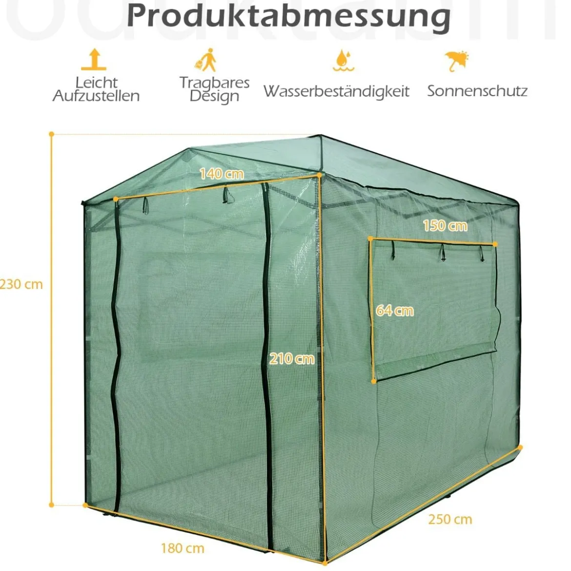 Tragbares Pop-up-Gewächshaus Begehbares Gartengewächshaus 180 x 250 x 230 cm Grün