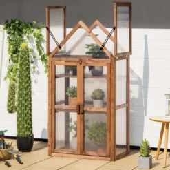 Tragbares 3-stöckiges Mini-Gewächshaus aus Holz mit Abnehmbaren Regalen Transparent