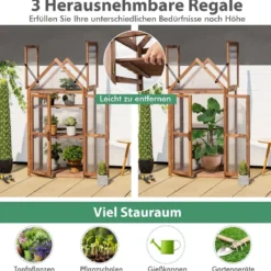 Tragbares 3-stöckiges Mini-Gewächshaus aus Holz mit Abnehmbaren Regalen Transparent
