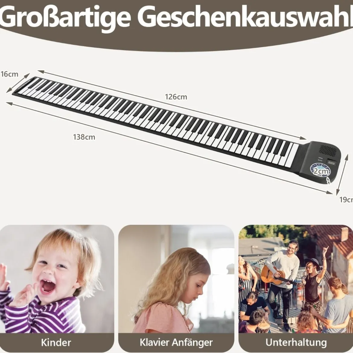 Tragbares 88 Tasten Roll Up Piano mit 128 Rhythmen & MIDI-Bluetooth Silikon Schwarz