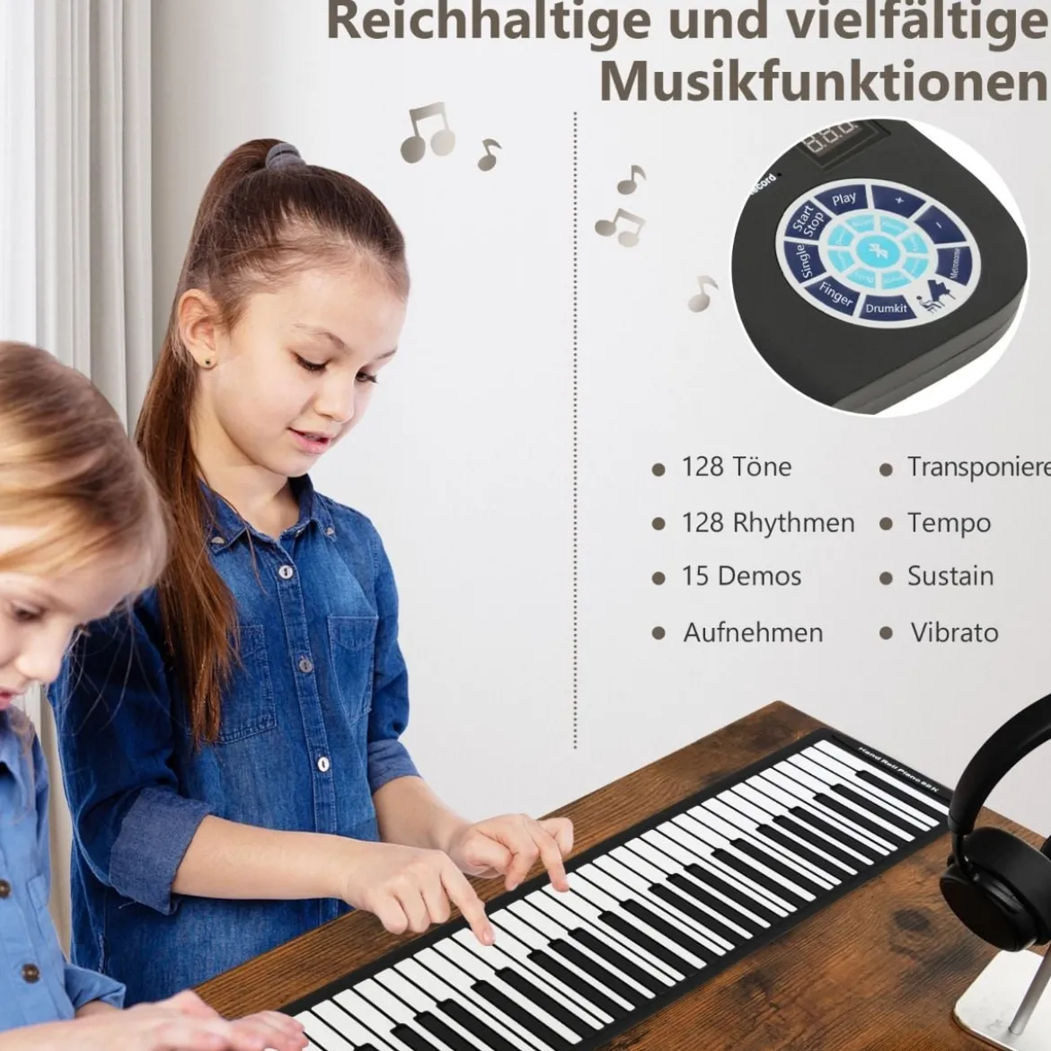 Tragbares 88 Tasten Roll Up Piano mit 128 Rhythmen & MIDI-Bluetooth Silikon Schwarz
