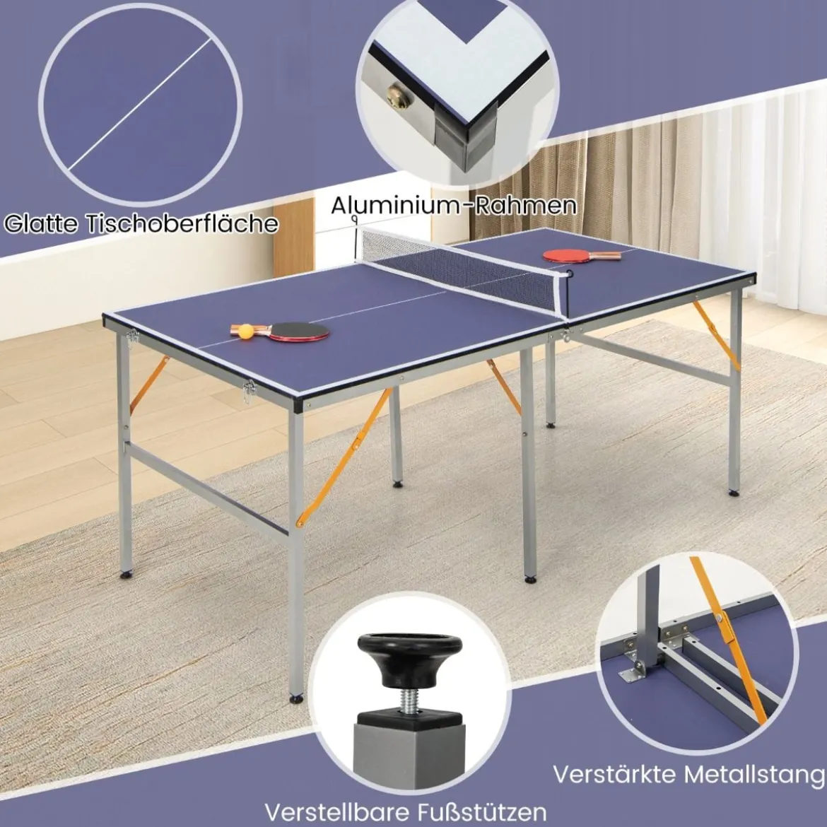 Tragbares Tischtennistisch-Set mit Netz & 2 Schlägern & 3 Bällen Mini Tischtennistisch