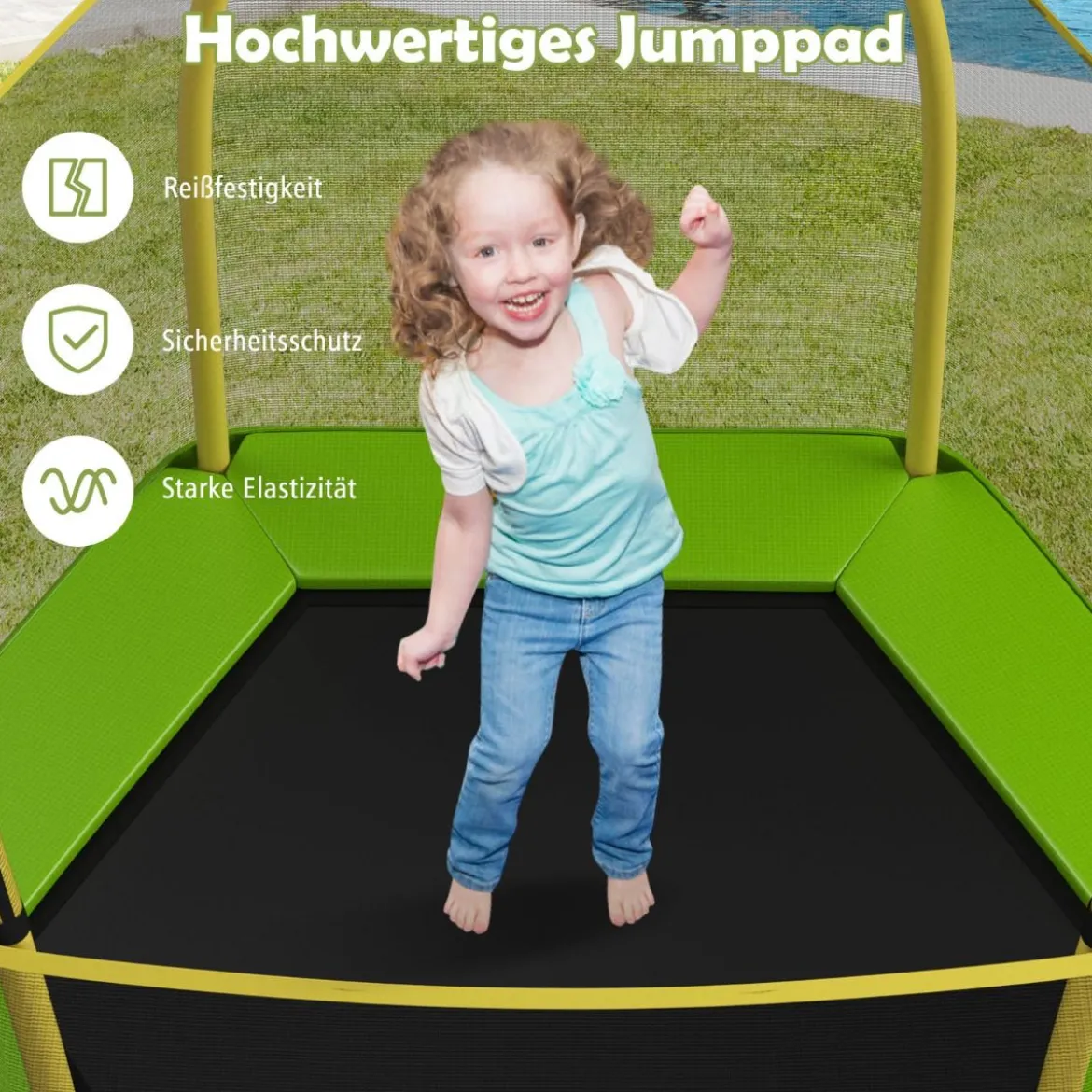 Trampolin bis 150 kg für Kinder mit Sicherheitsnetz und Federkissen 223 x 223 x 186 cm Gelb