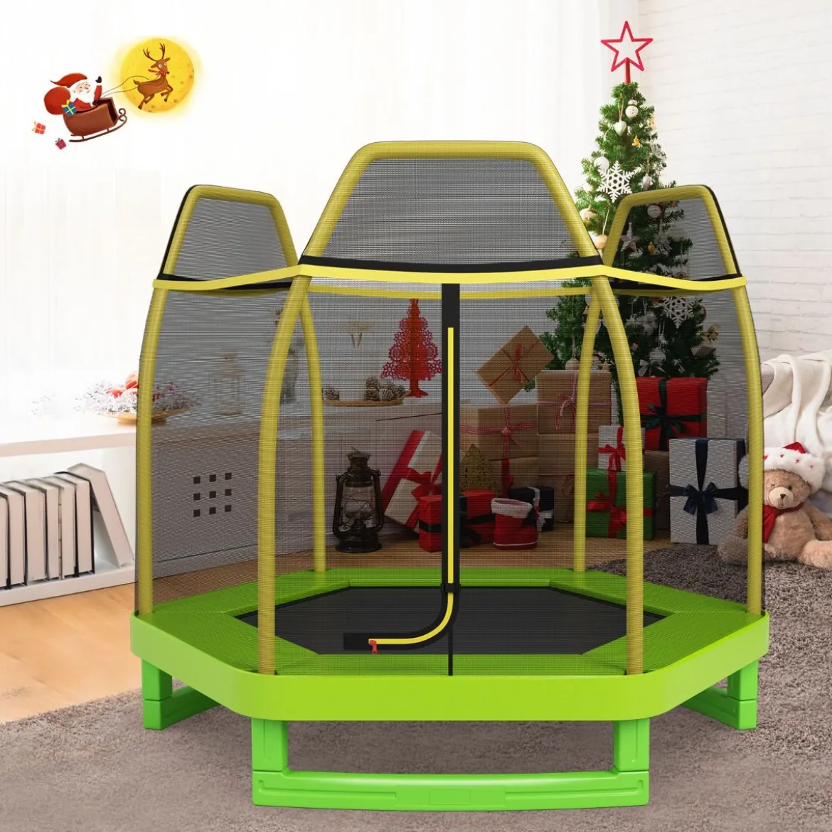 Trampolin bis 150 kg für Kinder mit Sicherheitsnetz und Federkissen 223 x 223 x 186 cm Gelb