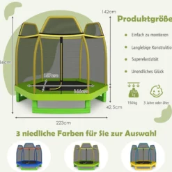 Trampolin bis 150 kg für Kinder mit Sicherheitsnetz und Federkissen 223 x 223 x 186 cm Gelb