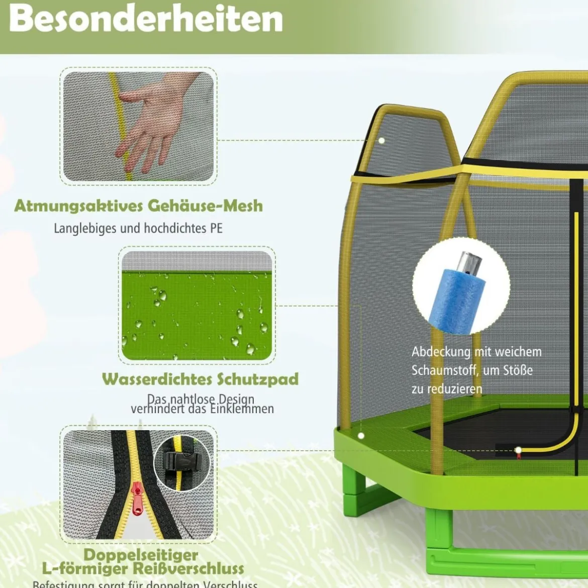 Trampolin bis 150 kg für Kinder mit Sicherheitsnetz und Federkissen 223 x 223 x 186 cm Gelb