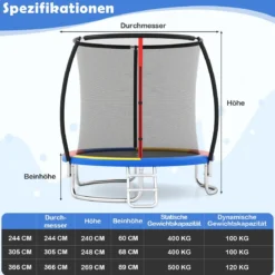 Trampolin outdoor mit Leiter Gartentrampolin rund mit Sicherheitsnetz Randabdeckung & Metallrahmen Ø366cm Bunt