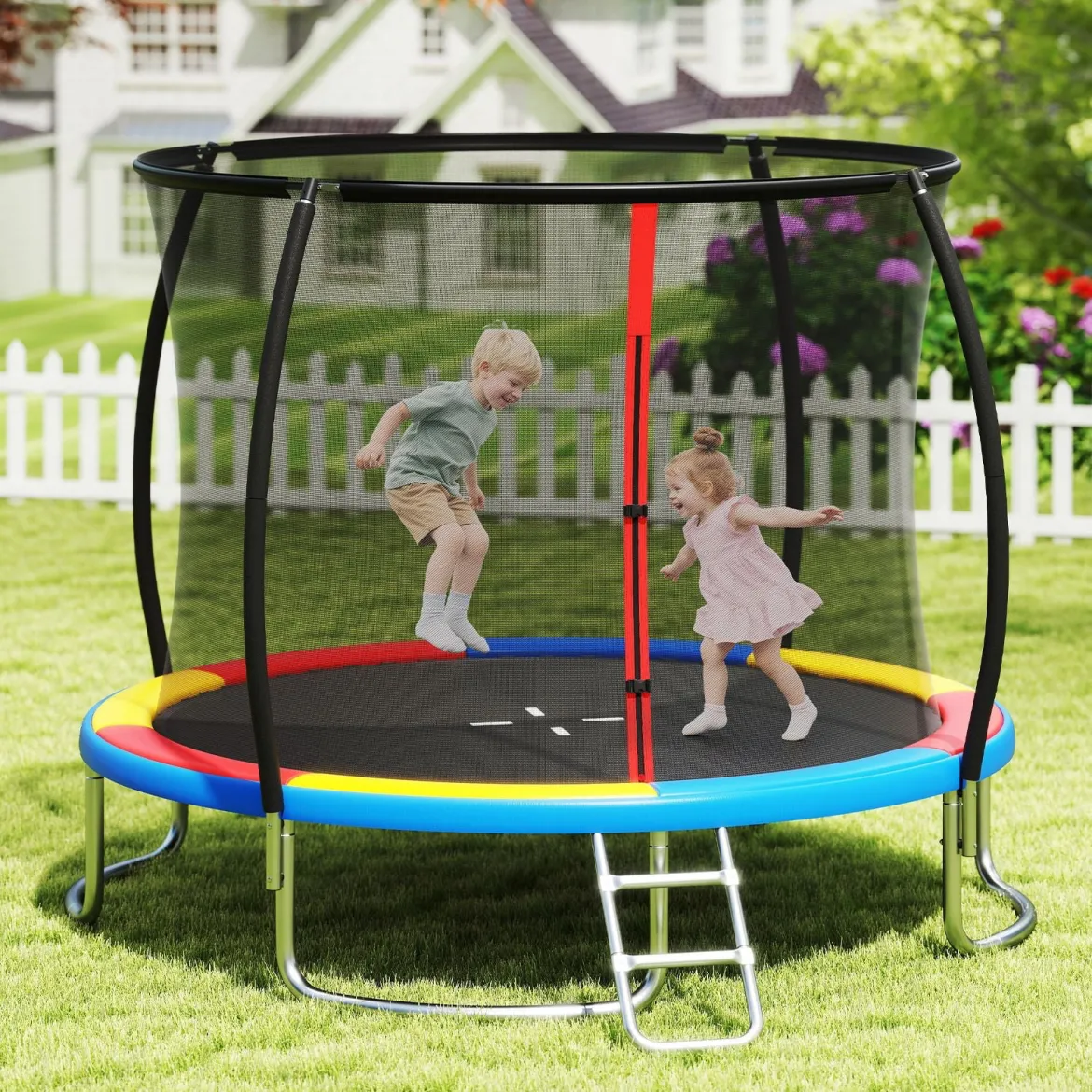 Trampolin outdoor mit Leiter Gartentrampolin rund mit Sicherheitsnetz Randabdeckung & Metallrahmen Ø366cm Bunt