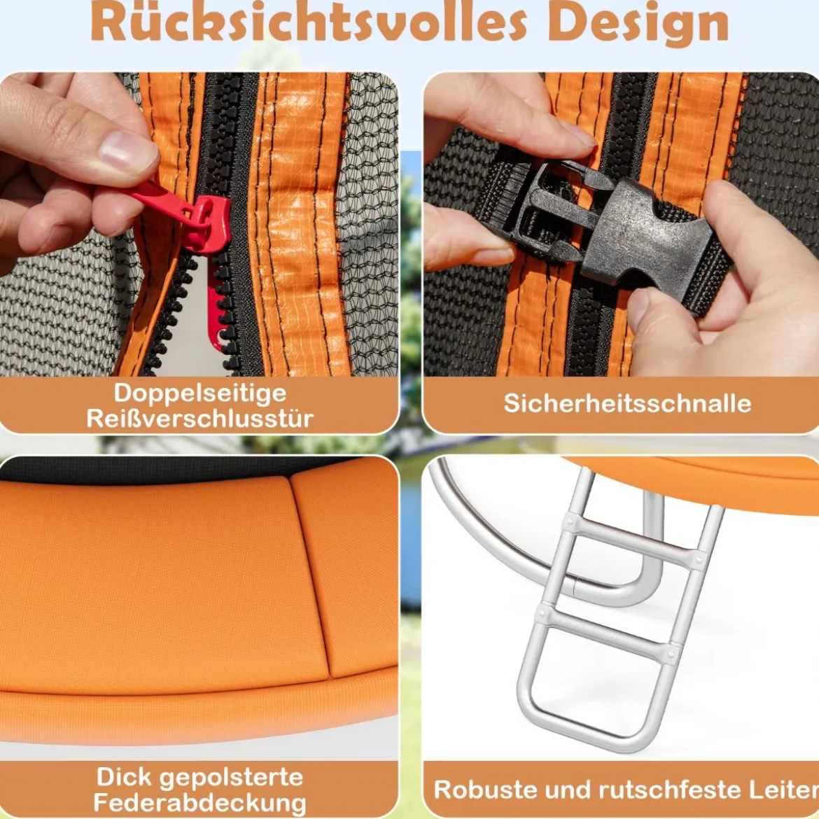Trampolin outdoor mit Leiter Gartentrampolin rund mit Sicherheitsnetz Ø244cm Orange