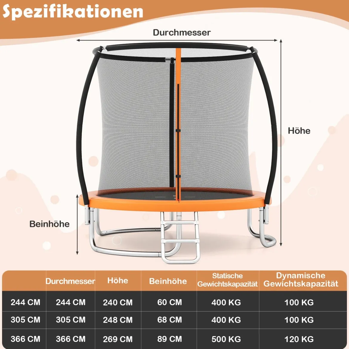 Trampolin outdoor mit Leiter Gartentrampolin rund mit Sicherheitsnetz Randabdeckung & Metallrahmen Ø305cm Orange