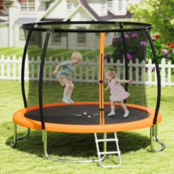 Trampolin outdoor mit Leiter Gartentrampolin rund mit Sicherheitsnetz Randabdeckung & Metallrahmen Ø305cm Orange