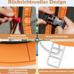 Trampolin outdoor mit Leiter Gartentrampolin rund mit Sicherheitsnetz Randabdeckung & Metallrahmen Ø305cm Orange