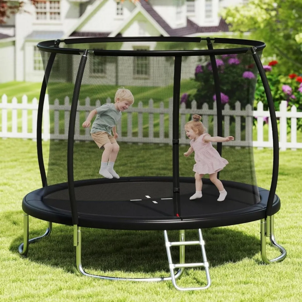 Trampolin outdoor mit Leiter Gartentrampolin rund mit Sicherheitsnetz Randabdeckung & Metallrahmen Ø366cm Schwarz