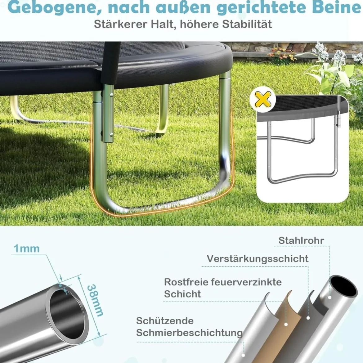 Trampolin outdoor mit Leiter Gartentrampolin rund mit Sicherheitsnetz Randabdeckung & Metallrahmen Ø366cm Schwarz
