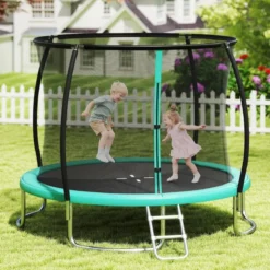 Trampolin outdoor mit Leiter Gartentrampolin rund mit Sicherheitsnetz Randabdeckung & Metallrahmen Ø305cm Grün