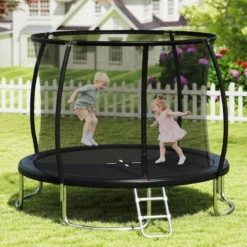 Trampolin outdoor mit Leiter Gartentrampolin rund mit Sicherheitsnetz Randabdeckung & Metallrahmen Ø305cm Schwarz