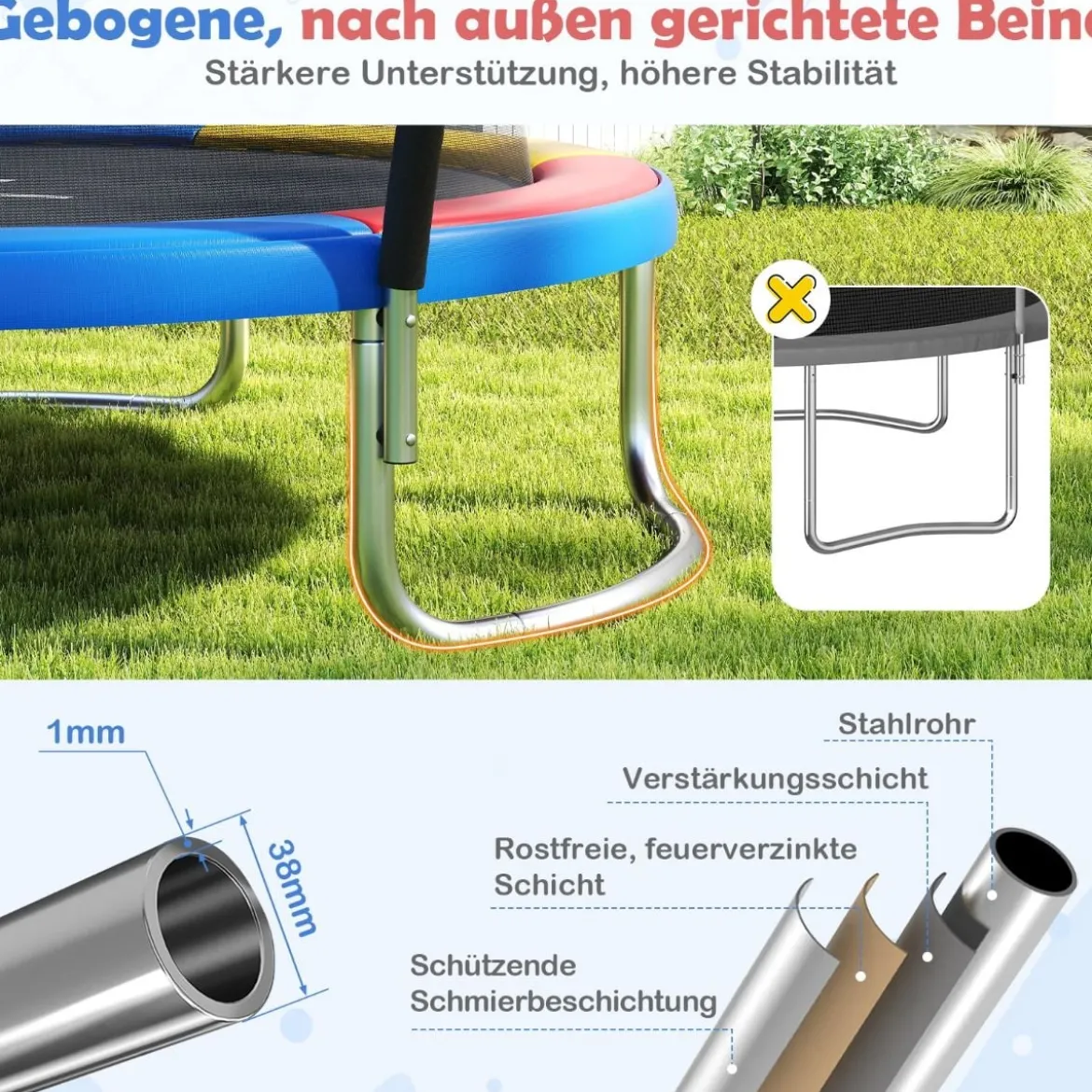 Trampolin outdoor mit Leiter Gartentrampolin rund mit Sicherheitsnetz Randabdeckung & Metallrahmen Ø305cm Bunt