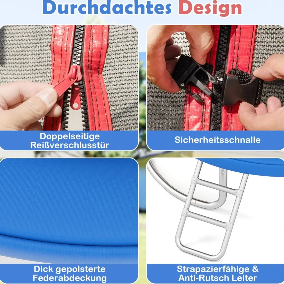 Trampolin outdoor mit Leiter Gartentrampolin rund mit Sicherheitsnetz Randabdeckung & Metallrahmen Ø305cm Bunt