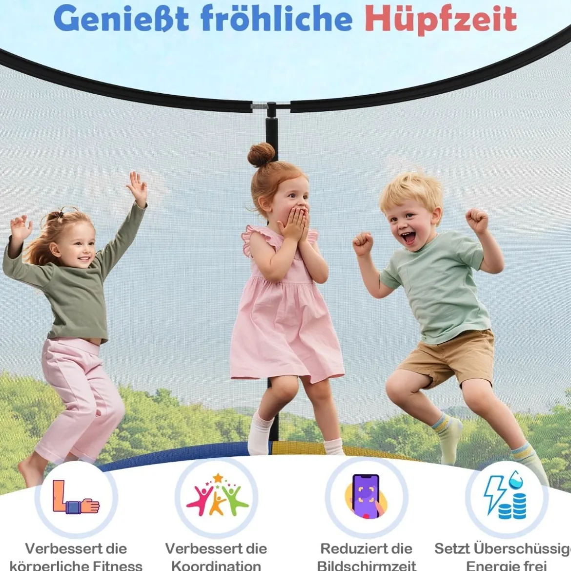 Trampolin outdoor mit Leiter Gartentrampolin rund mit Sicherheitsnetz Randabdeckung & Metallrahmen Ø305cm Bunt