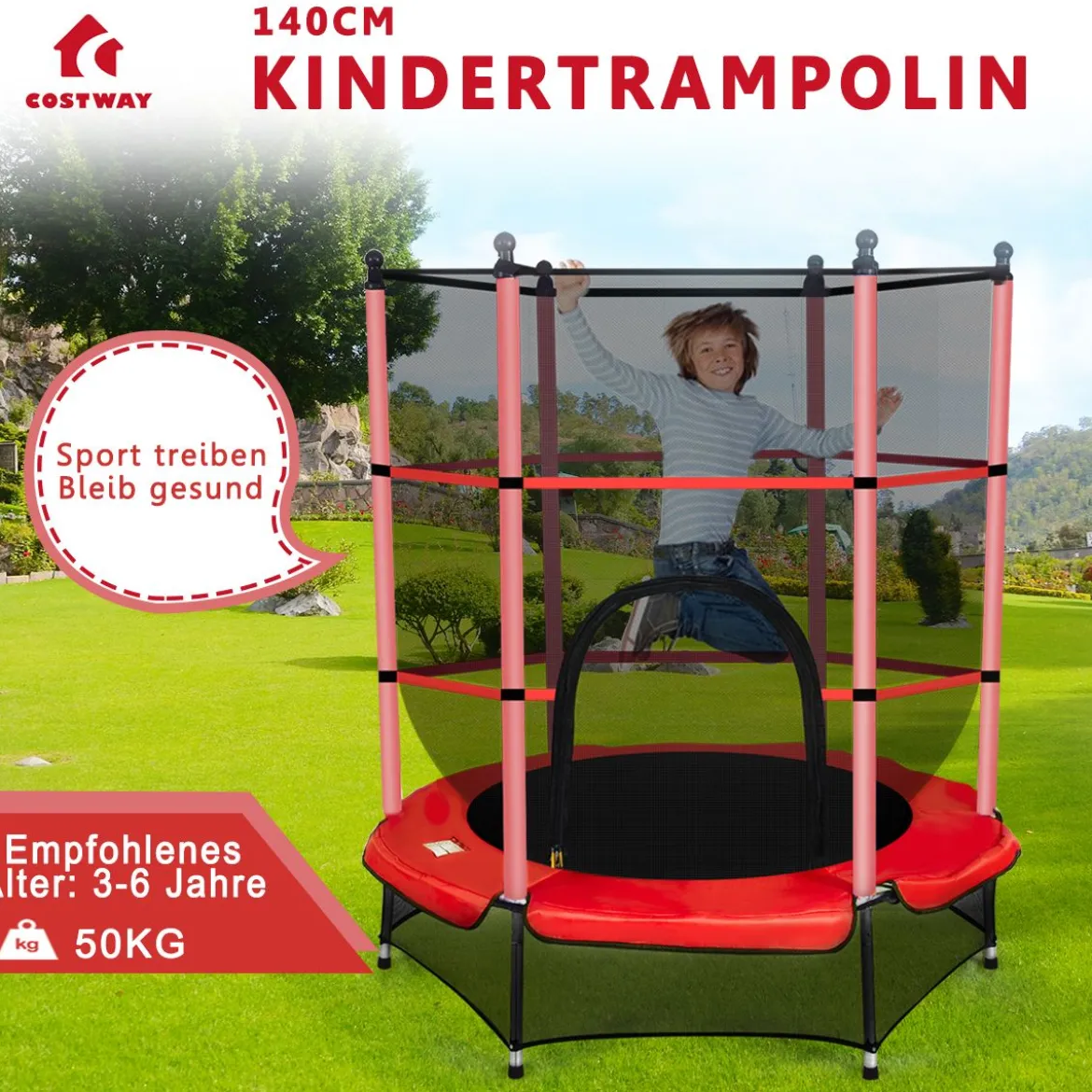 Trampolin rundes Minitrampolin mit Sicherheitsnetz & Polsterung strapazierfähig sicher für Kinder rot Ø140cm
