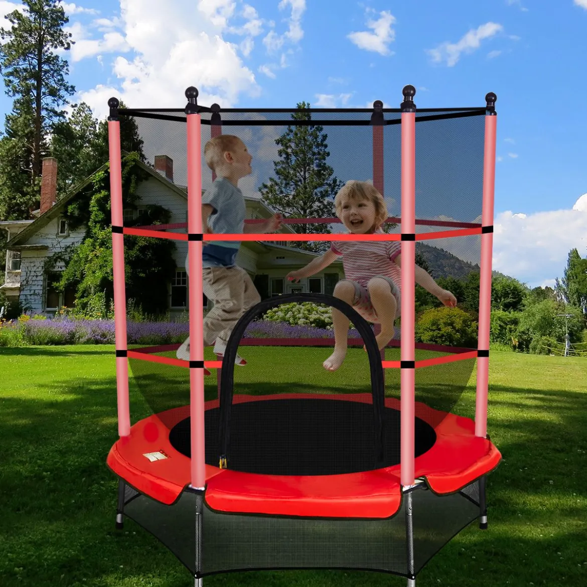 Trampolin rundes Minitrampolin mit Sicherheitsnetz & Polsterung strapazierfähig sicher für Kinder rot Ø140cm