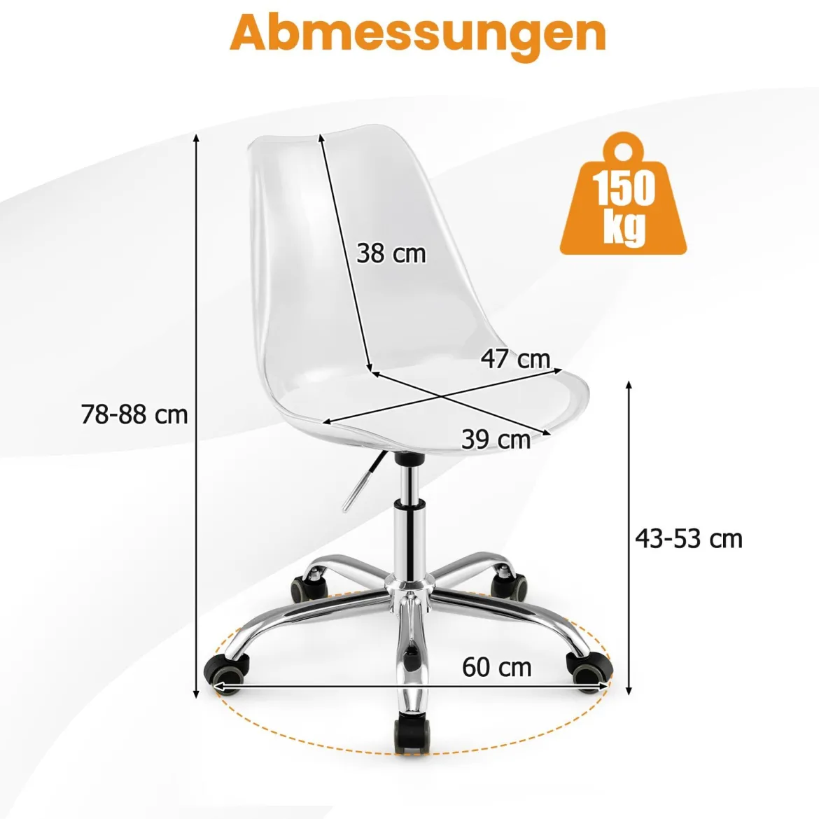 Transparenter Bürostuhl mit Rollen Drehbarer Schreibtischstuhl Höhenverstellbarer Computerstuhl
