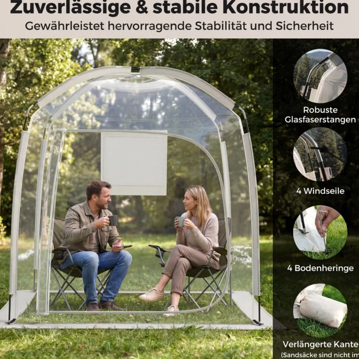 Transparentes Kuppelzelt 215 x 215 cm 2-4 Personen 540° Panorama Garten Transparent