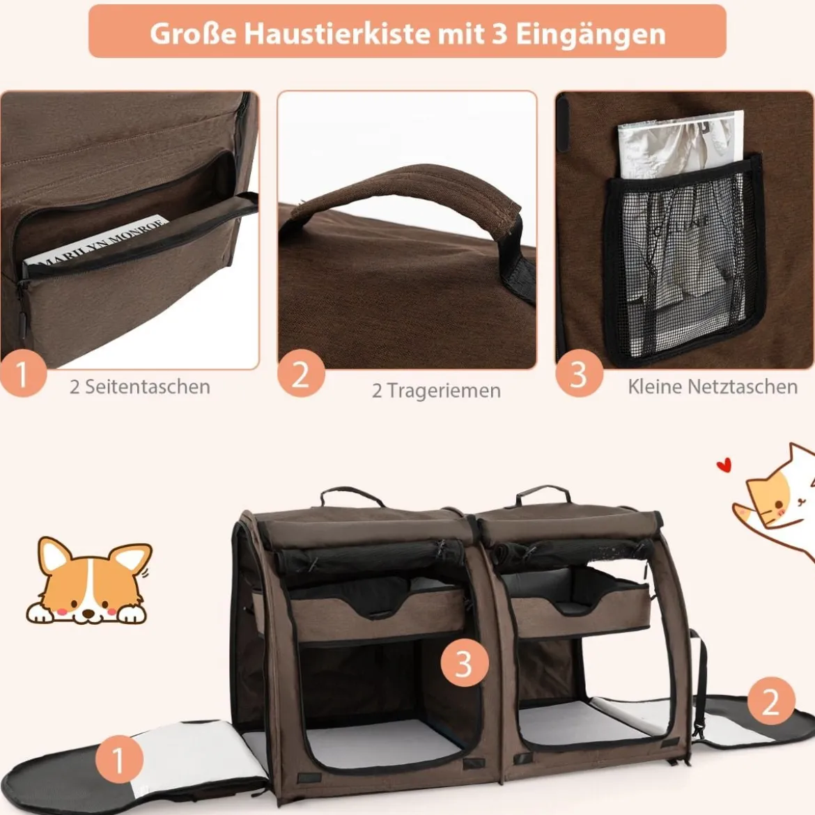 Transporttasche mit Abnehmbaren Hängematten & Matratze & Katzentoilette Braun