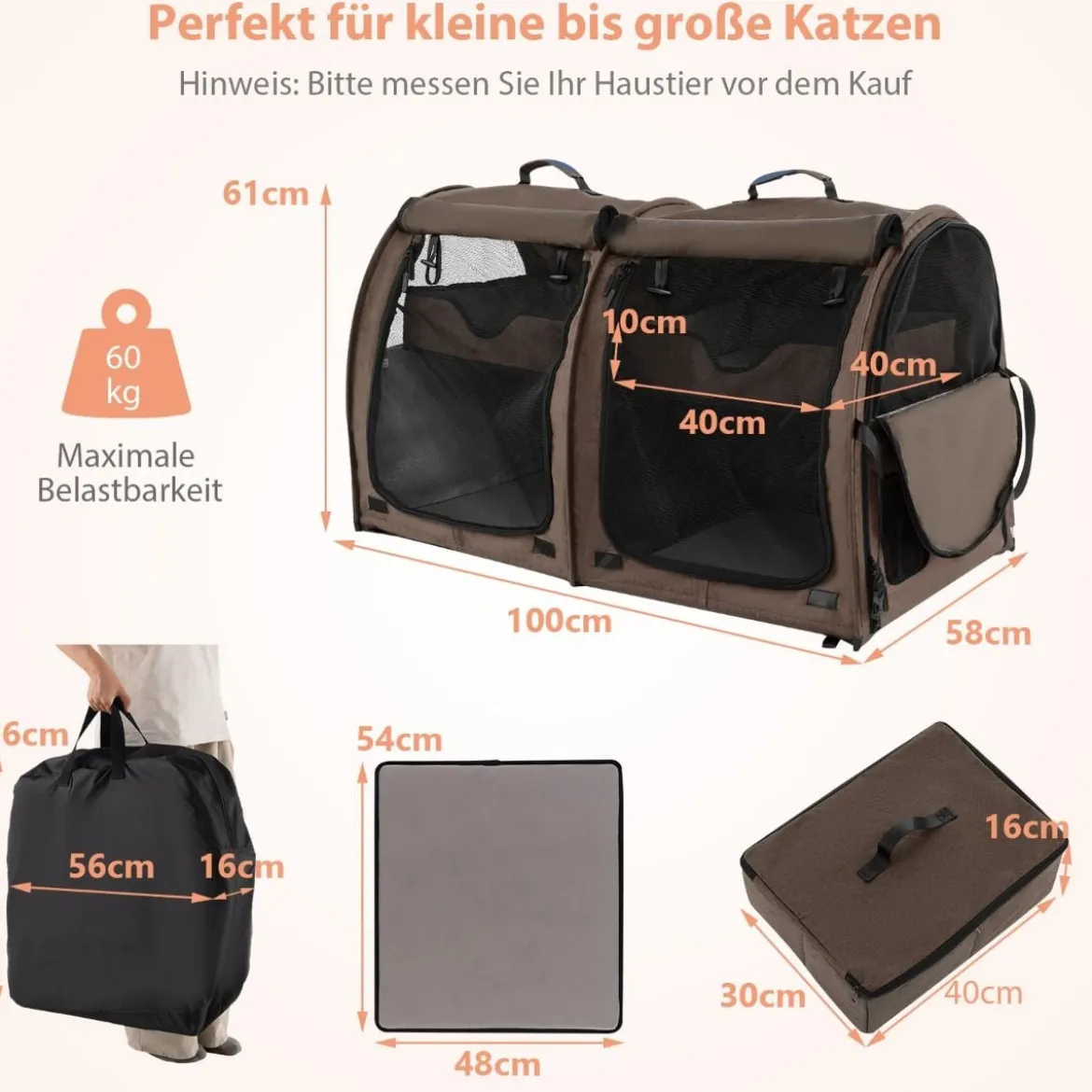 Transporttasche mit Abnehmbaren Hängematten & Matratze & Katzentoilette Braun