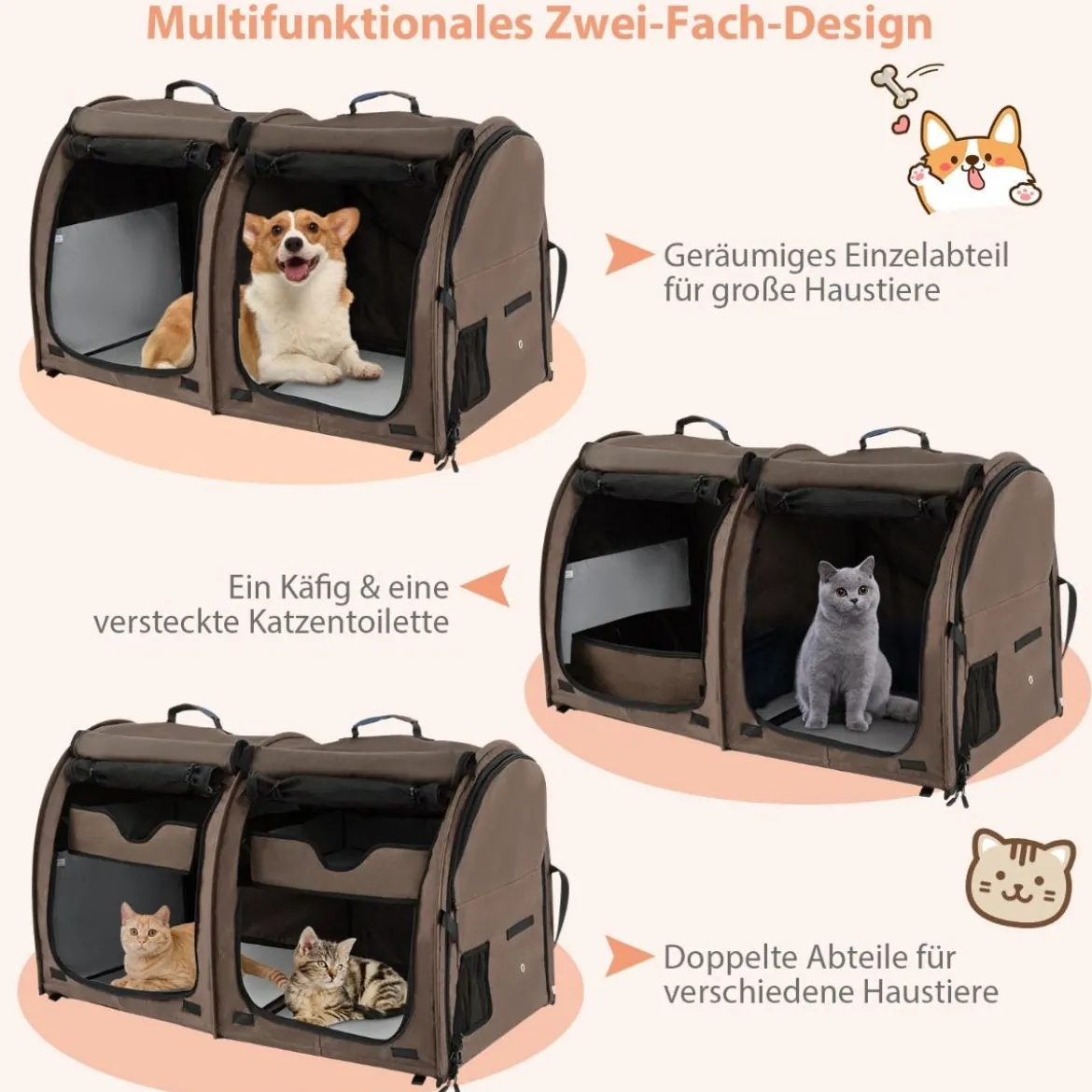 Transporttasche mit Abnehmbaren Hängematten & Matratze & Katzentoilette Braun