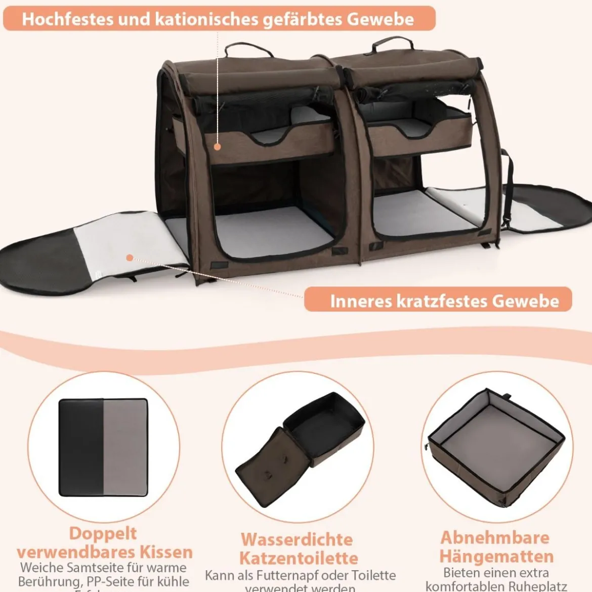 Transporttasche mit Abnehmbaren Hängematten & Matratze & Katzentoilette Braun