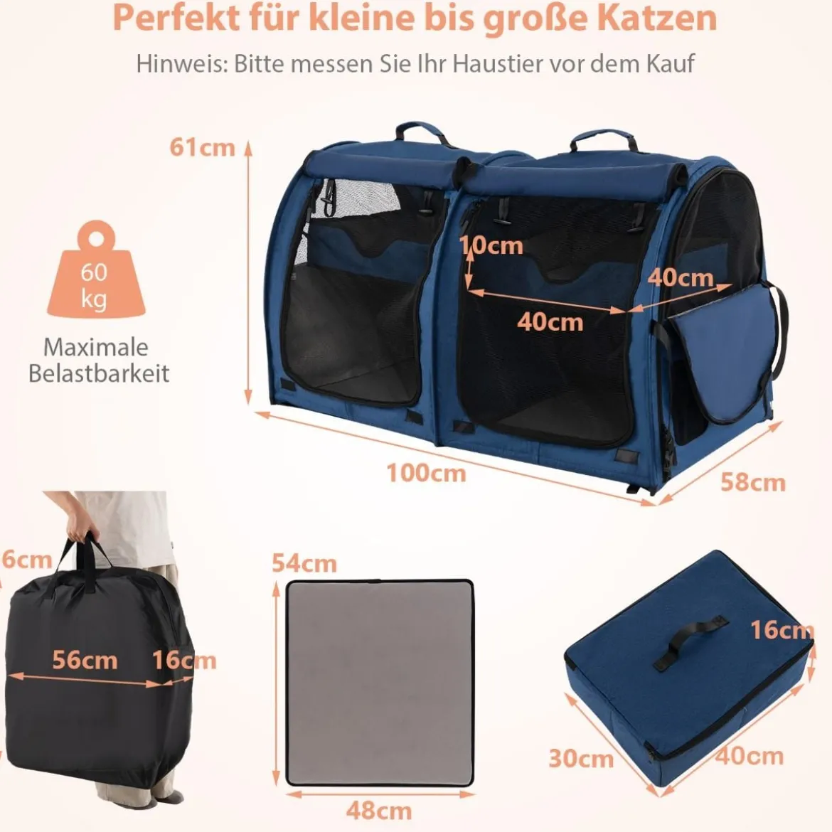 Transporttasche mit Abnehmbaren Hängematten & Matratze & Katzentoilette Marineblau