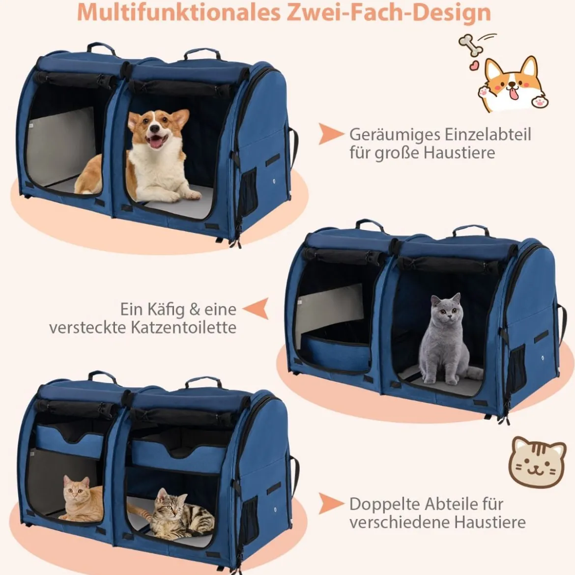 Transporttasche mit Abnehmbaren Hängematten & Matratze & Katzentoilette Marineblau