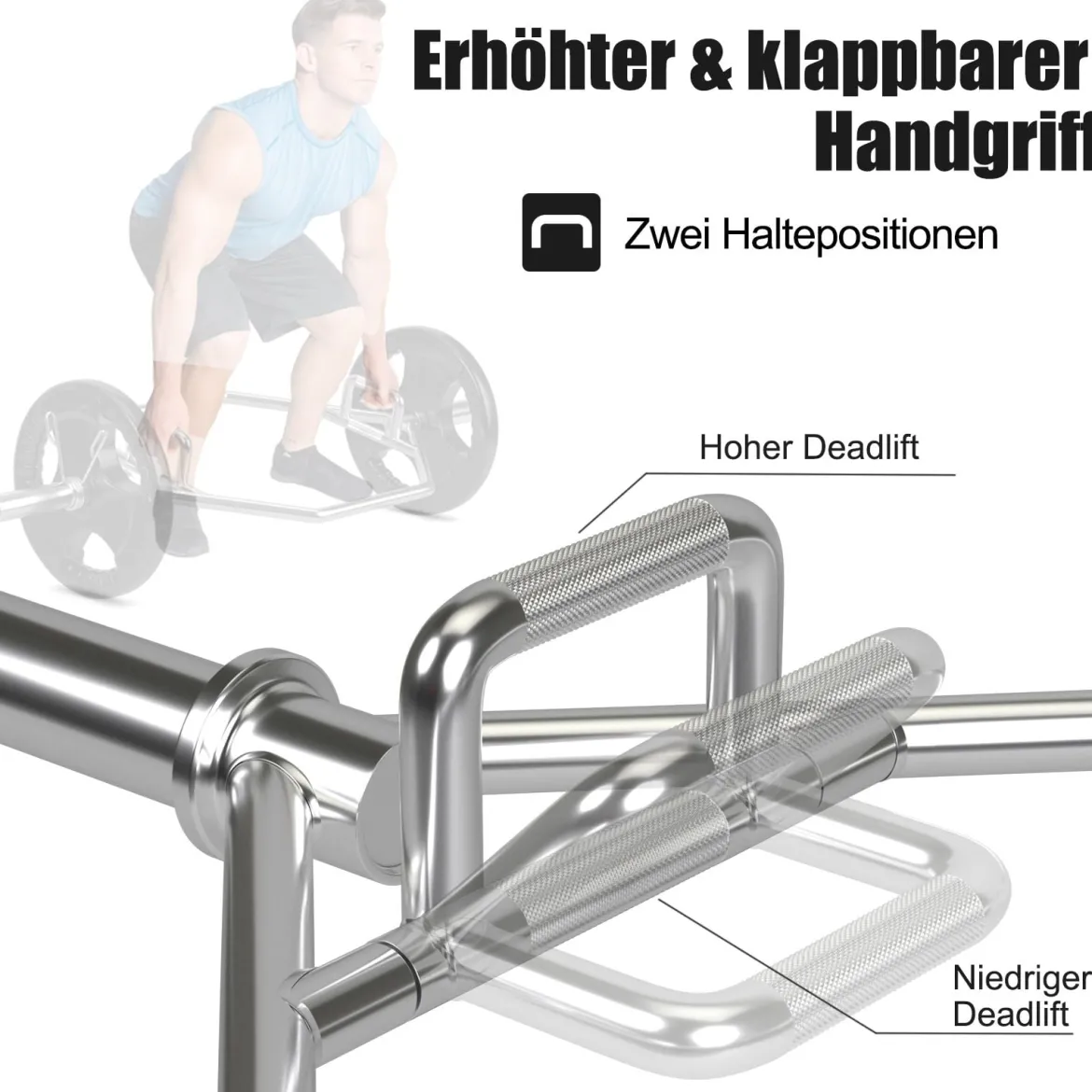 Trap Bar mit 2 Federverschlüsse & Klappbarem Griff Hantelstange Hex Bar Olympic Bar Silber
