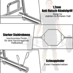 Trap Bar mit 2 Federverschlüsse & Klappbarem Griff Hantelstange Hex Bar Olympic Bar Silber