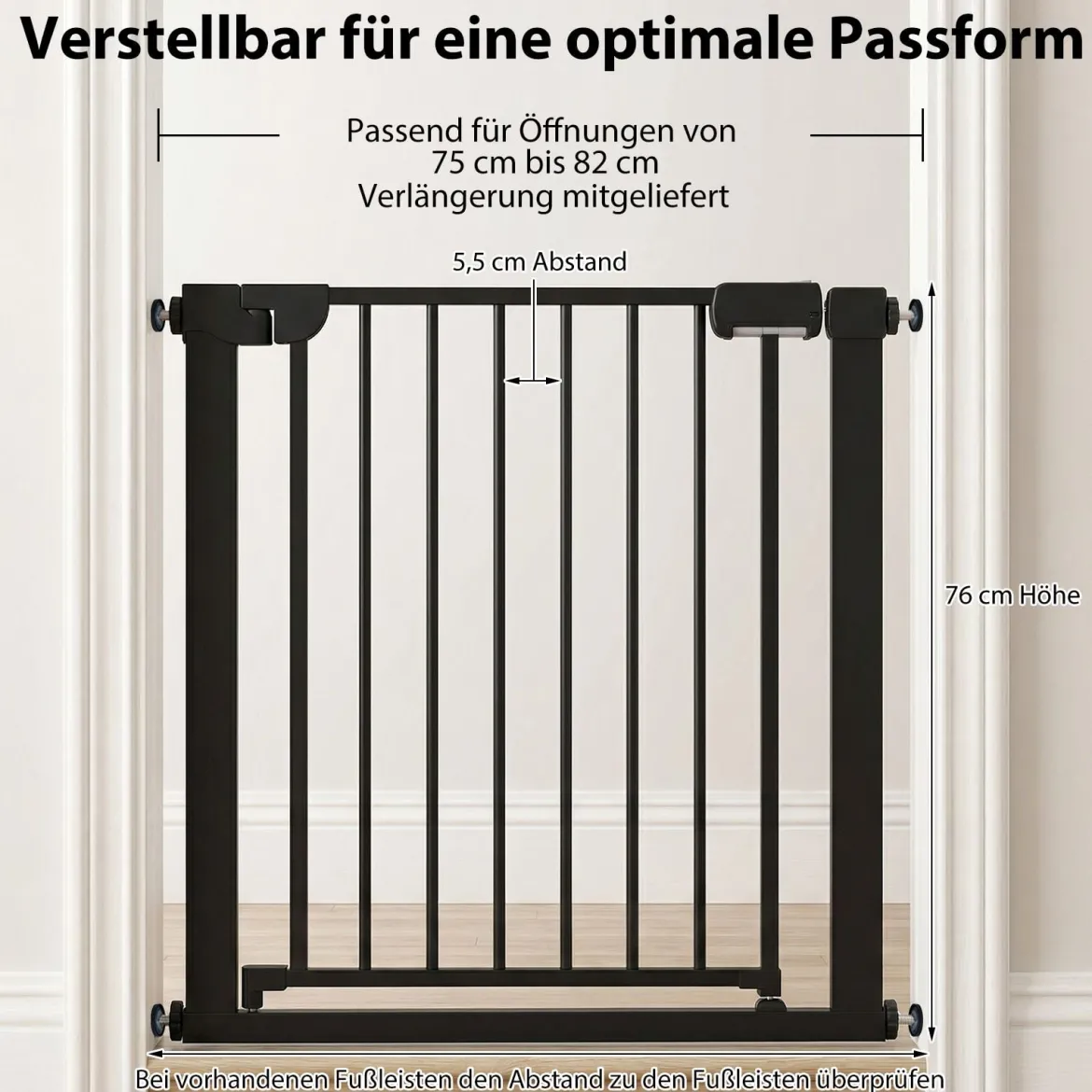 Treppenschutzgitter ohne Bohren mit 75-82 cm Breite Auto-Close Türschutzgitter Schwarz