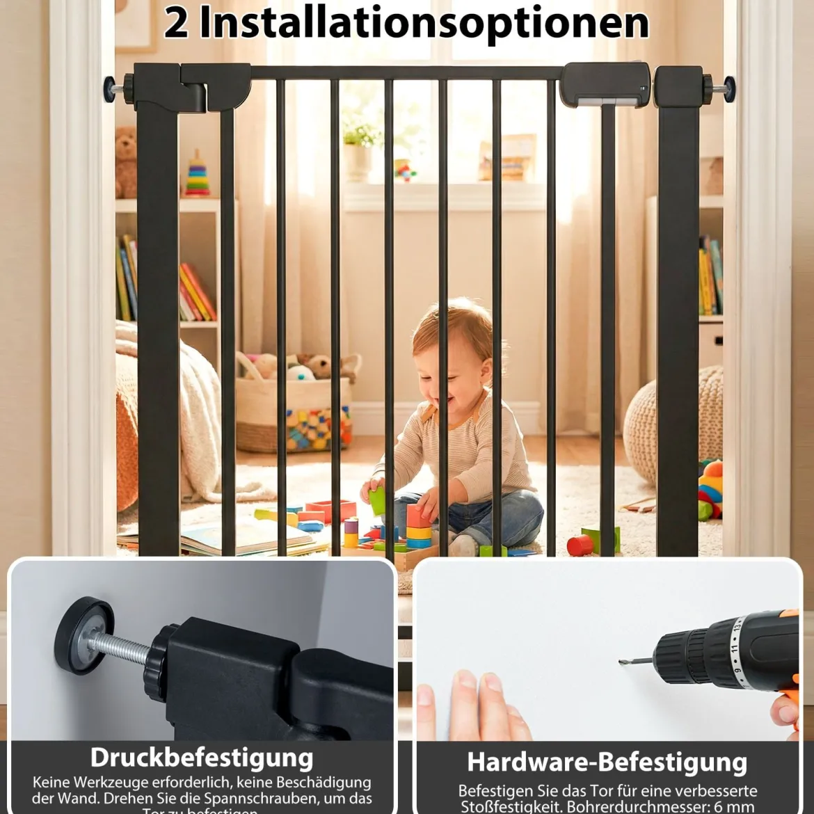 Treppenschutzgitter ohne Bohren mit 75-82 cm Breite Auto-Close Türschutzgitter Schwarz