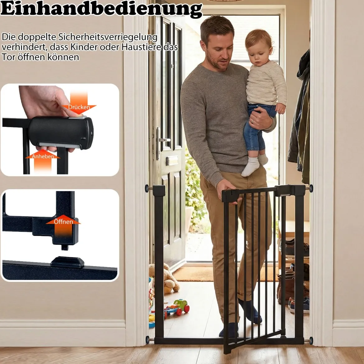 Treppenschutzgitter ohne Bohren mit 75-82 cm Breite Auto-Close Türschutzgitter Schwarz