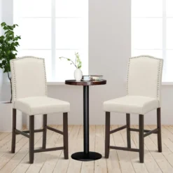 2 Tresenhocker Esszimmer-Barhocker mit Polsterung Beine aus Kautschukholz hohe Freizeitstühle Beige